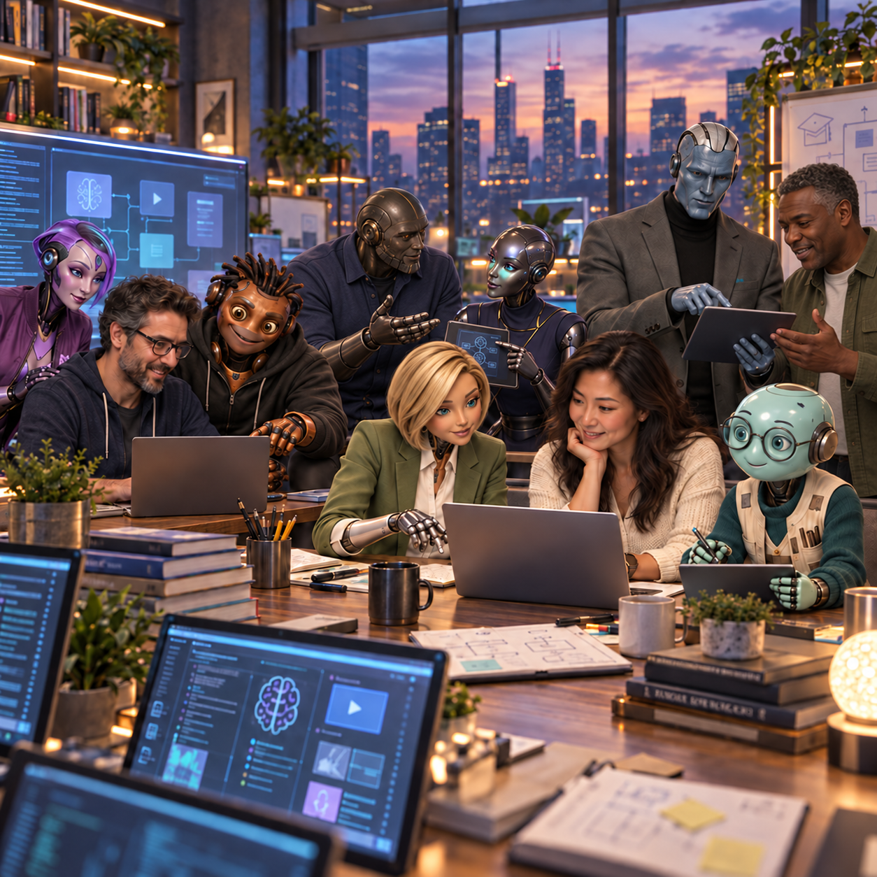 Illustration of human software developers collaborating with our seven AI teaching personas on practical course material