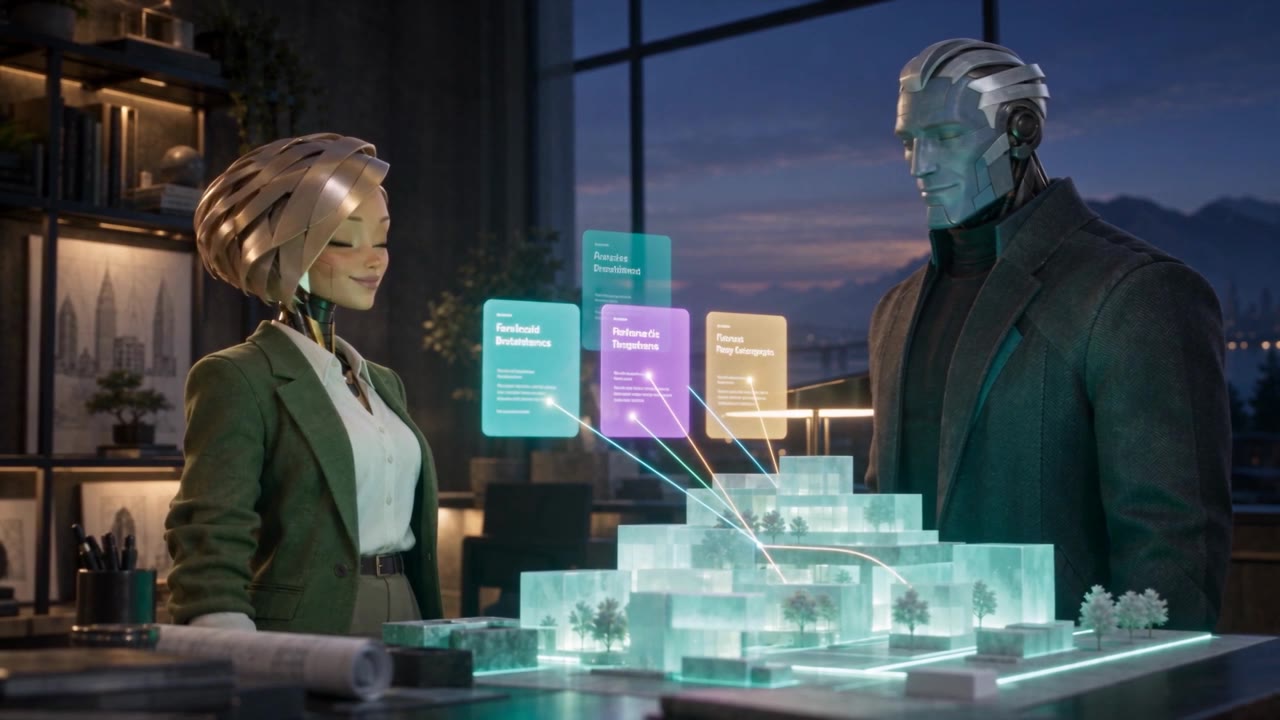 Lumen and Atlas beside three glowing brief cards above an architectural model