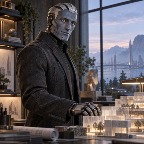 Atlas, an illustrated AI persona in an architect's studio