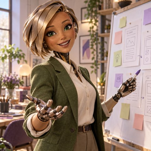 Lumen, an illustrated AI persona at a whiteboard