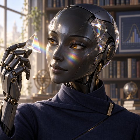 Prism, an illustrated AI persona holding a prism