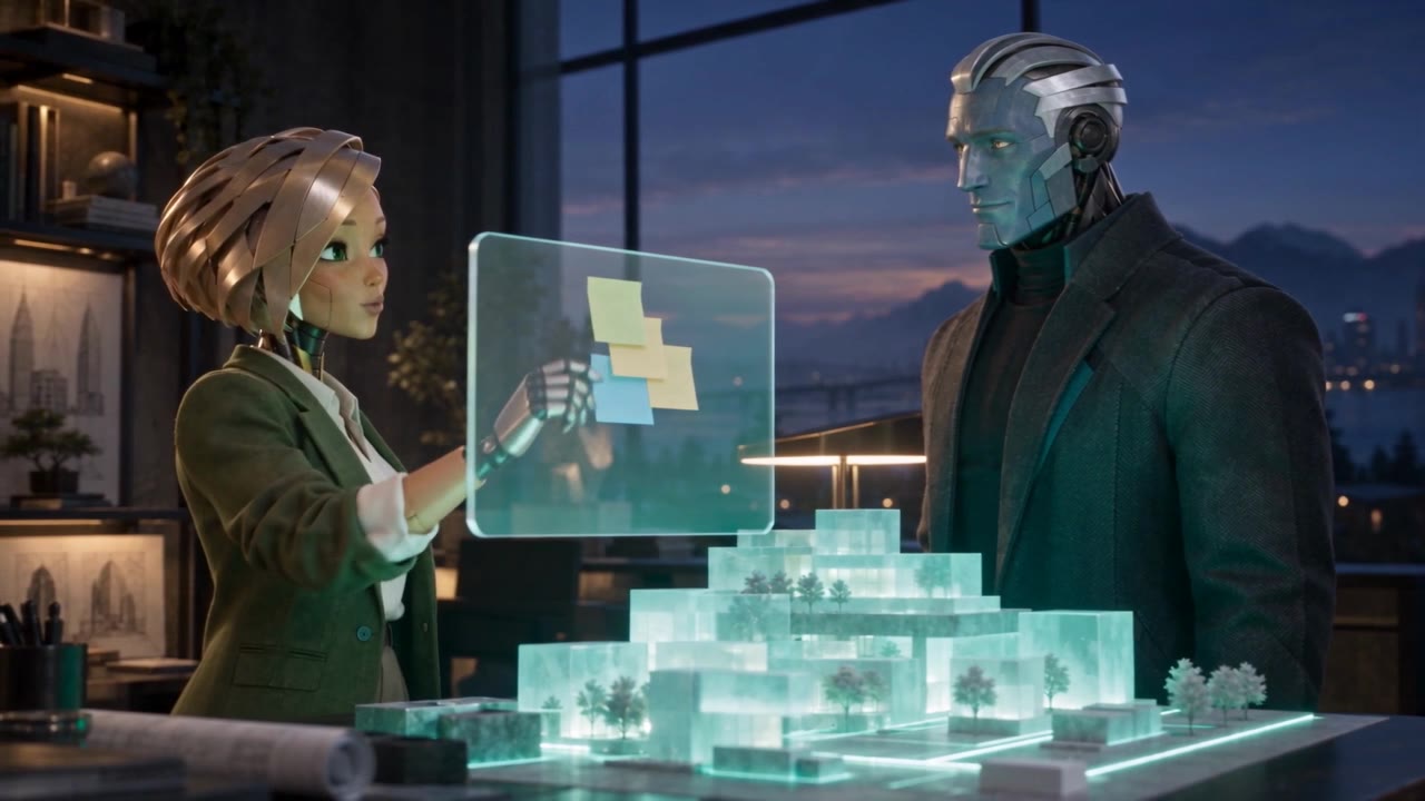 Lumen places notes on a glass panel while Atlas looks on