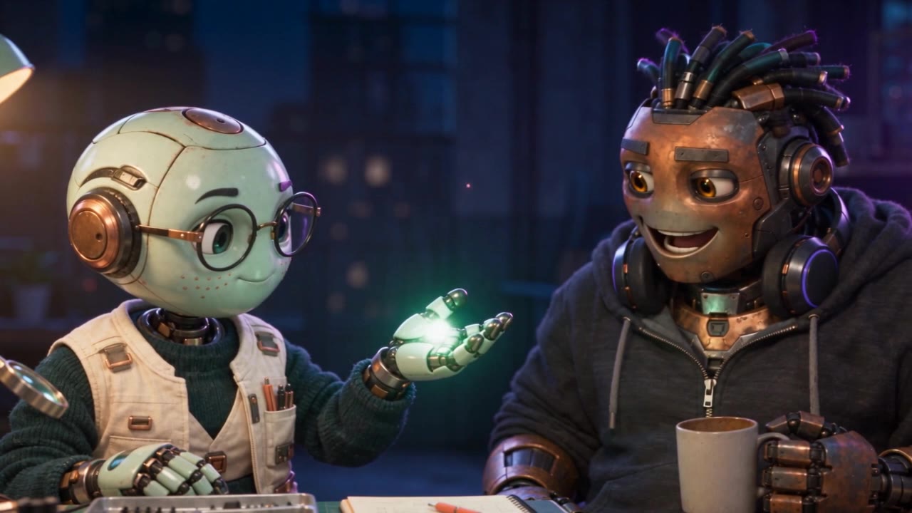 Verity holds a small glowing bug she has caught while Forge looks on, smiling